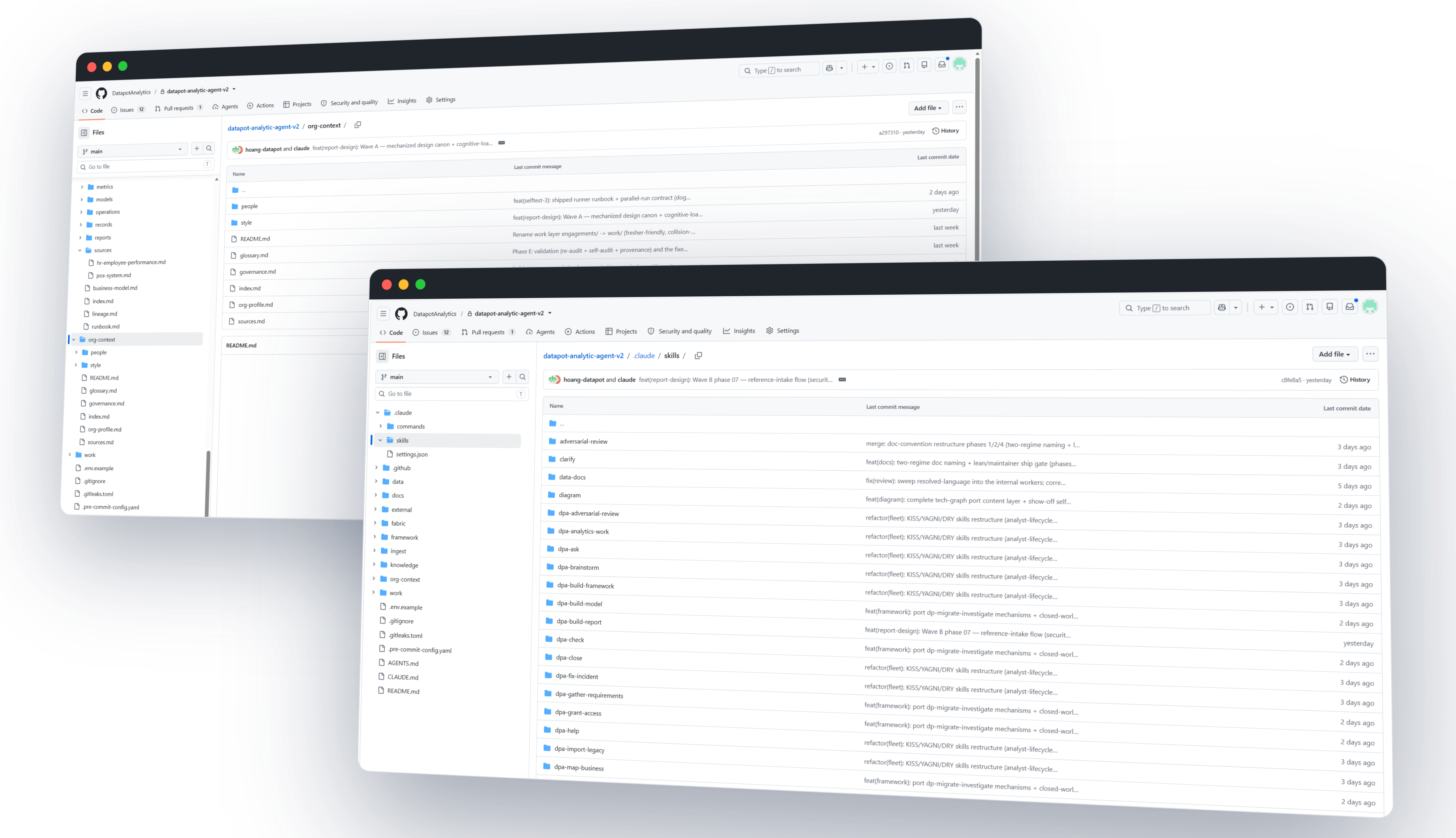 Dự án được quản lý trên GitHub — agent skills, org-context, framework